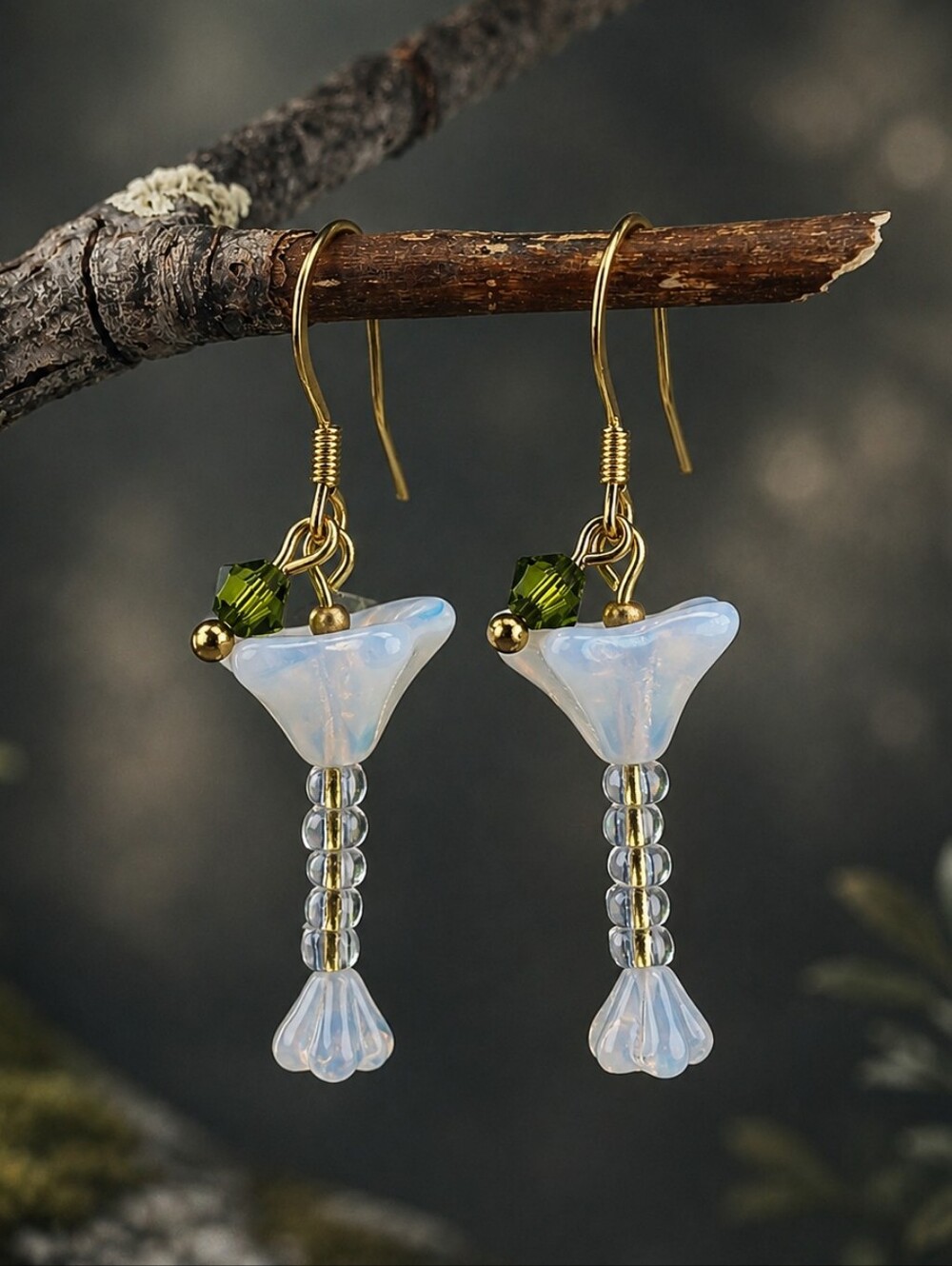 Martini Glass Earrings Green Olive Czech Glass Gold Tone Hand Crafted - Picture 2 of 6
